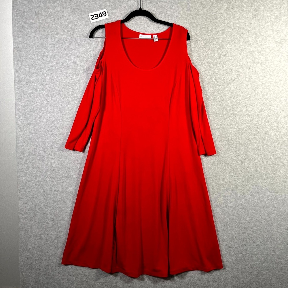 Susan Graver‎ A line Dress Womens Large Red Cold Shoulder Scoop Neck Long Sleeve